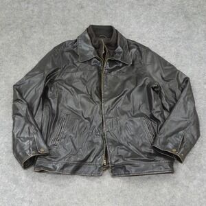 Columbia Jacket Mens Large L Black Faux Leather Bomber Brown Lined Full Zip
